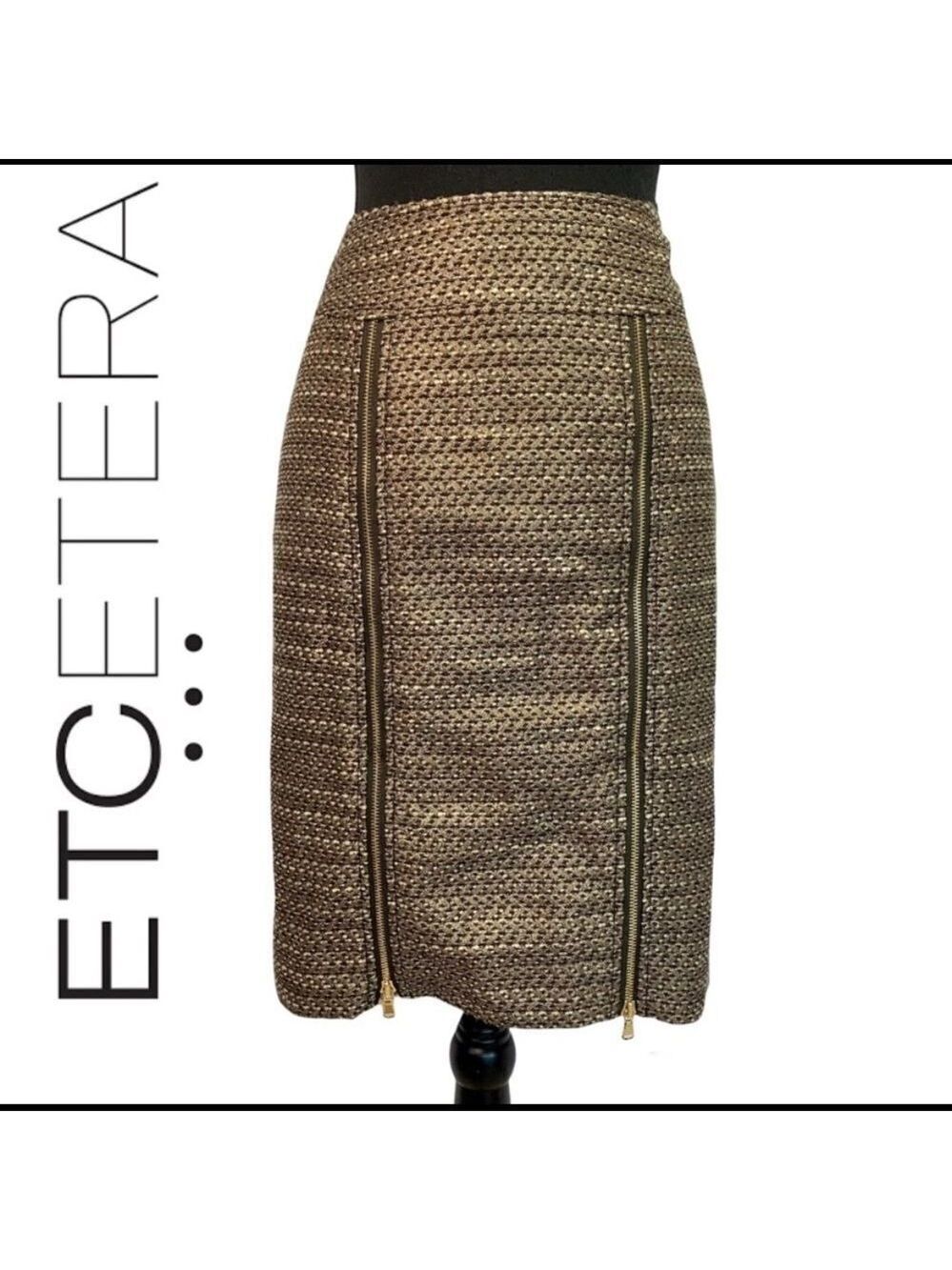 ETCETERA GOLD BRONZE METALLIC PENCIL SKIRT WOOL BLEND EXPOSED ZIPPERS SIZE 8